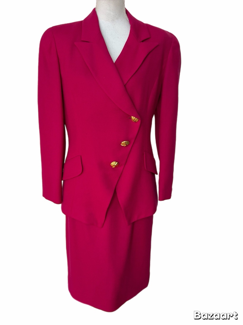 Tailored Magenta Skirt Suit Set with Gold Buttons - Picture 2 of 7